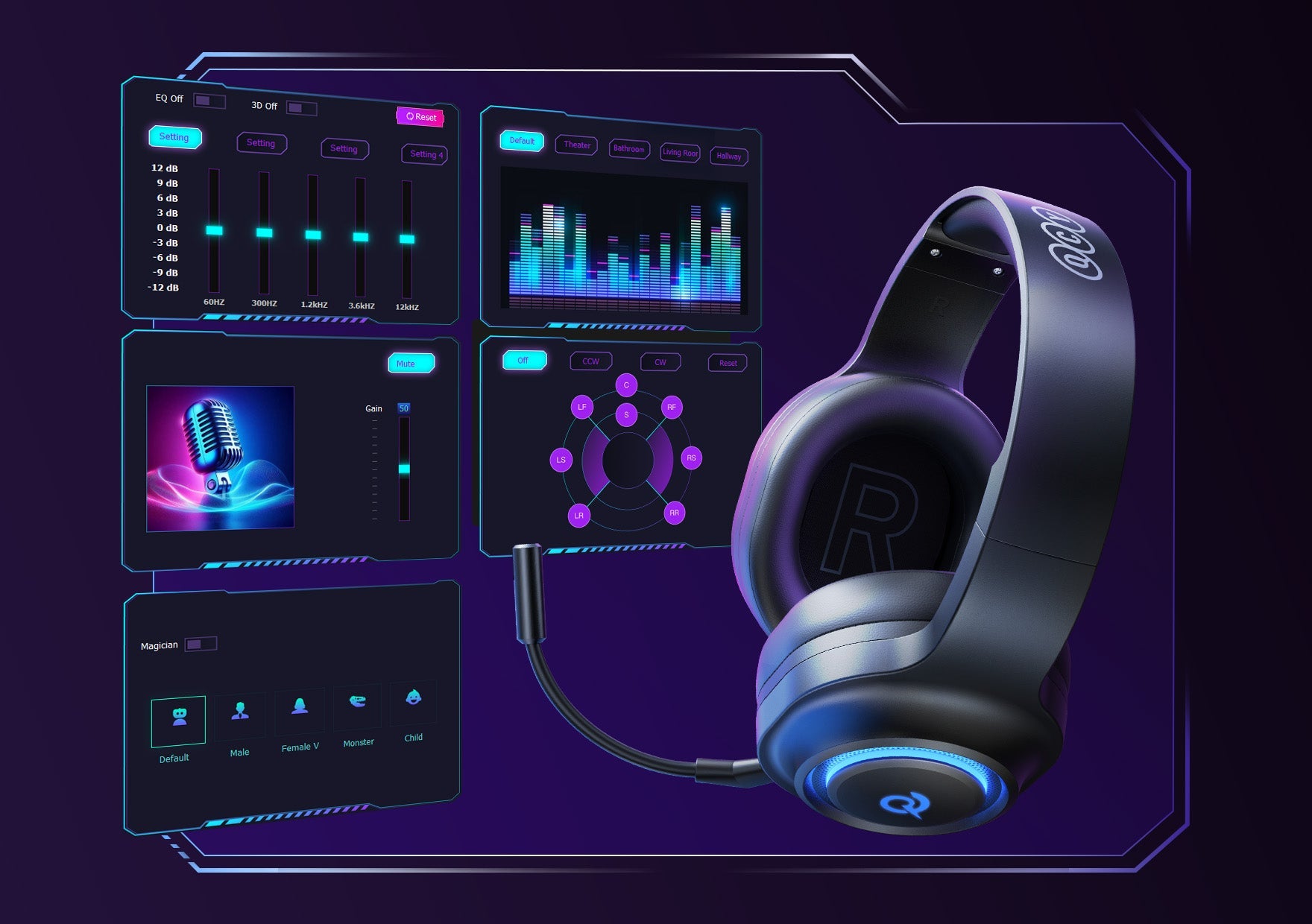 Ensemble de casques de jeu noirs avec éclairage RGB et interface logicielle conviviale pour l'ajustement audio.