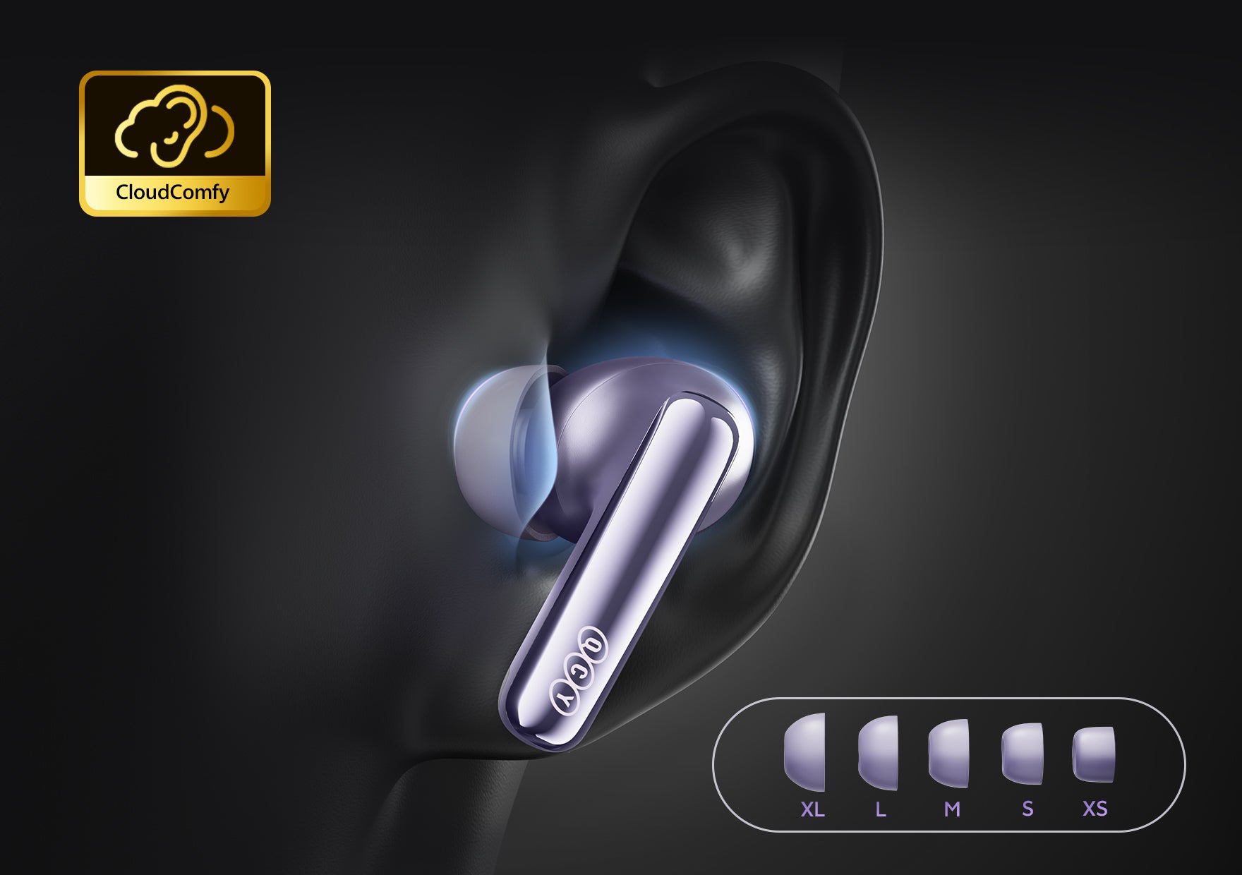 Écouteurs sans fil ACGY True avec confort CloudComfy et 5 embouts auriculaires.