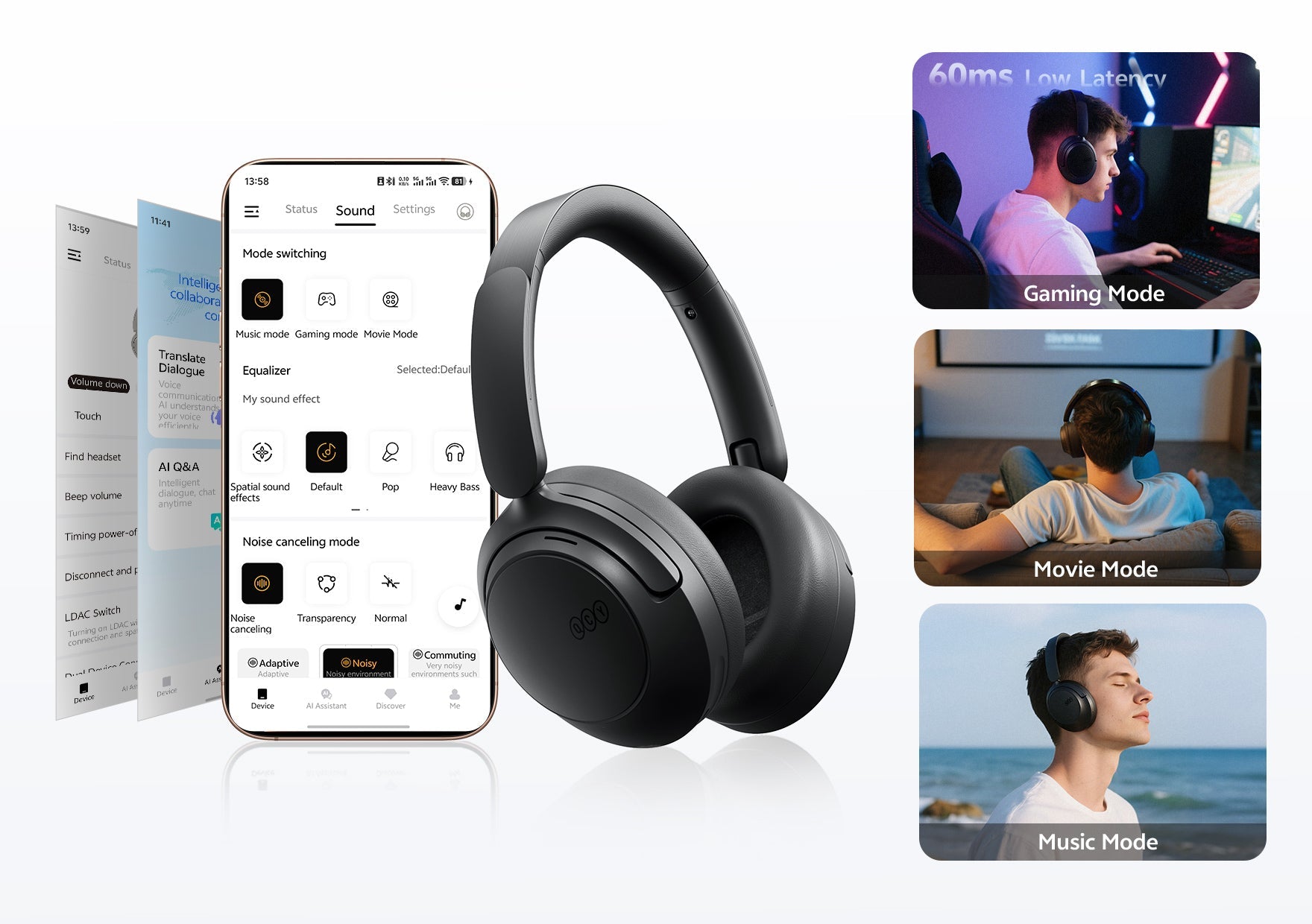 Casque sans fil noir avec contrôle par application, réduction de bruit et mode gaming.