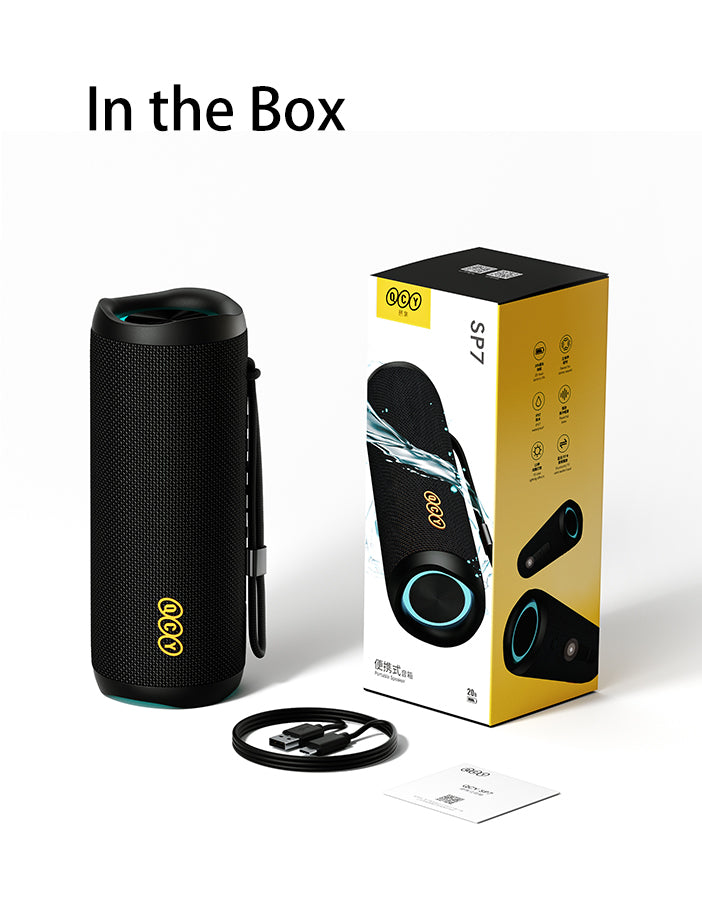 Haut-parleur Bluetooth portable OCCO SP7 avec câble USB et emballage.