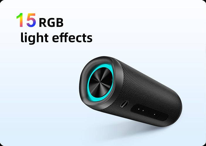 Haut-parleur Bluetooth portable noir avec 15 effets lumineux RVB et anneau turquoise.