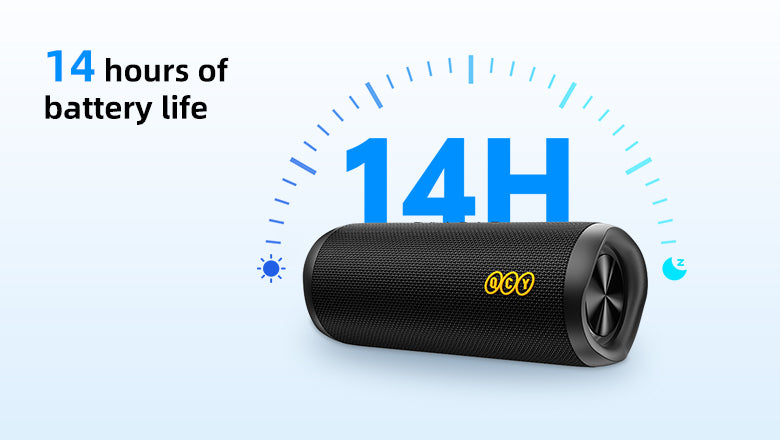 Haut-parleur Bluetooth portable noir avec 14 heures d'autonomie. Idéal pour la musique en déplacement.