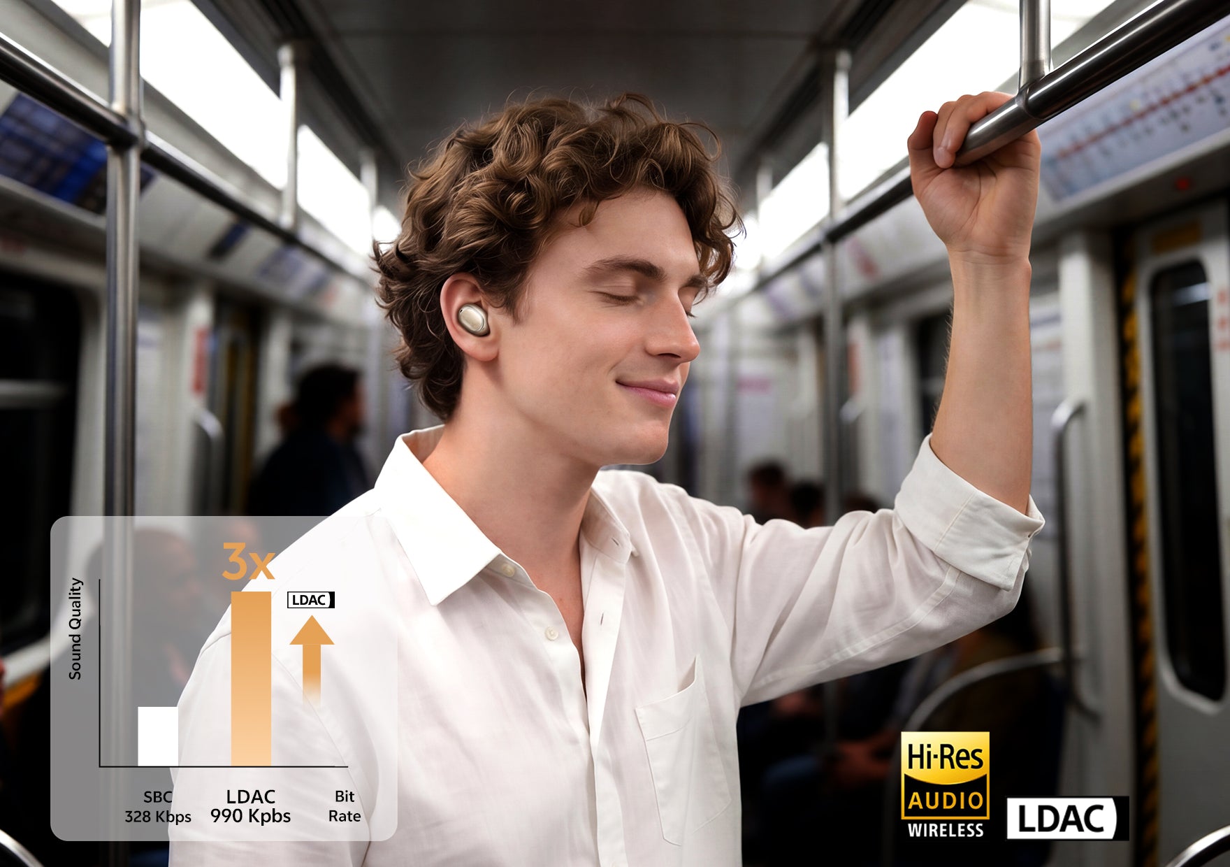 Homme avec des écouteurs Bluetooth LDAC dans le métro.