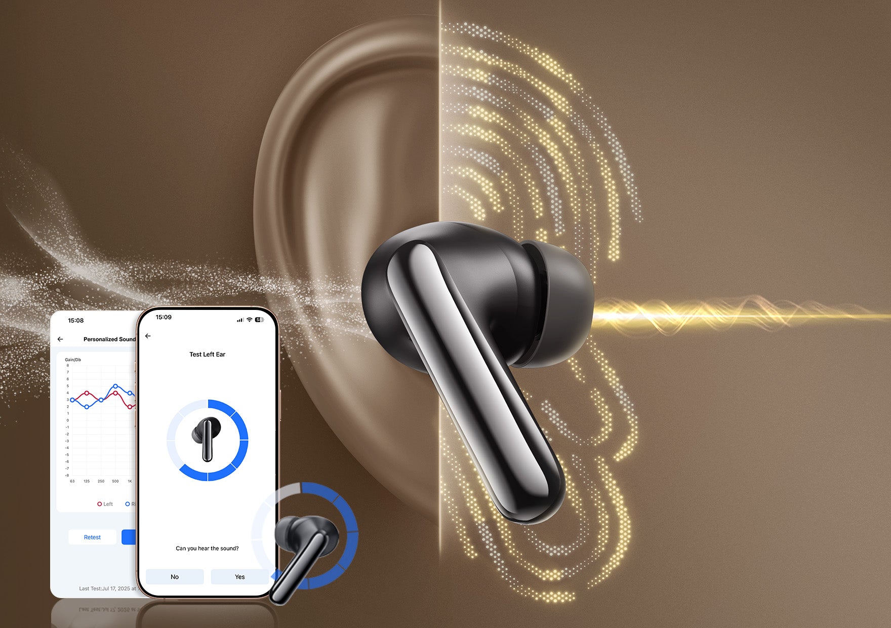 Écouteurs sans fil noirs avec application pour son personnalisé et test auditif, illustrés avec une oreille stylisée et une onde sonore