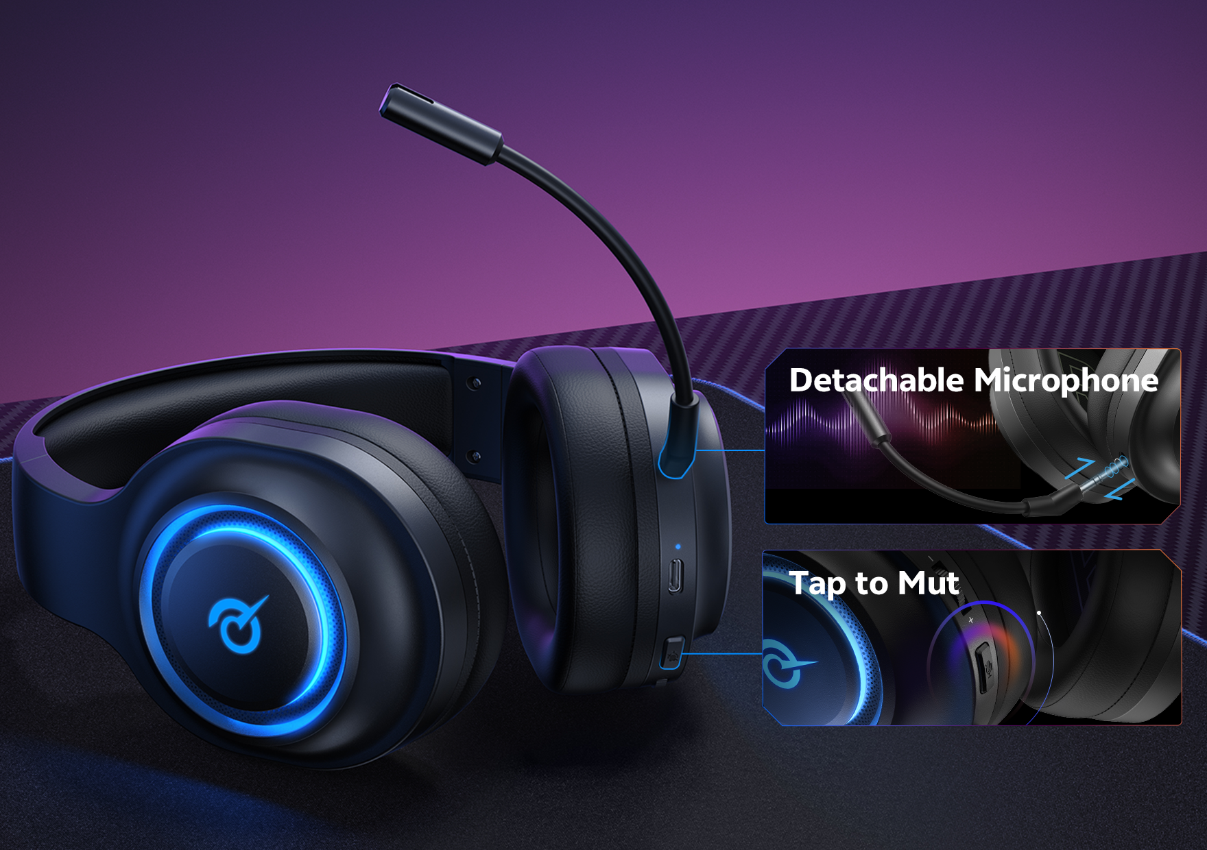 Casque de jeu noir avec microphone amovible et fonction de mise en sourdine tactile.