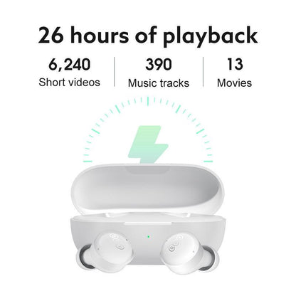 White QCY T17 earbuds with charging case, showing 26 hours of playback for 6240 videos, 390 music tracks, and 13 movies