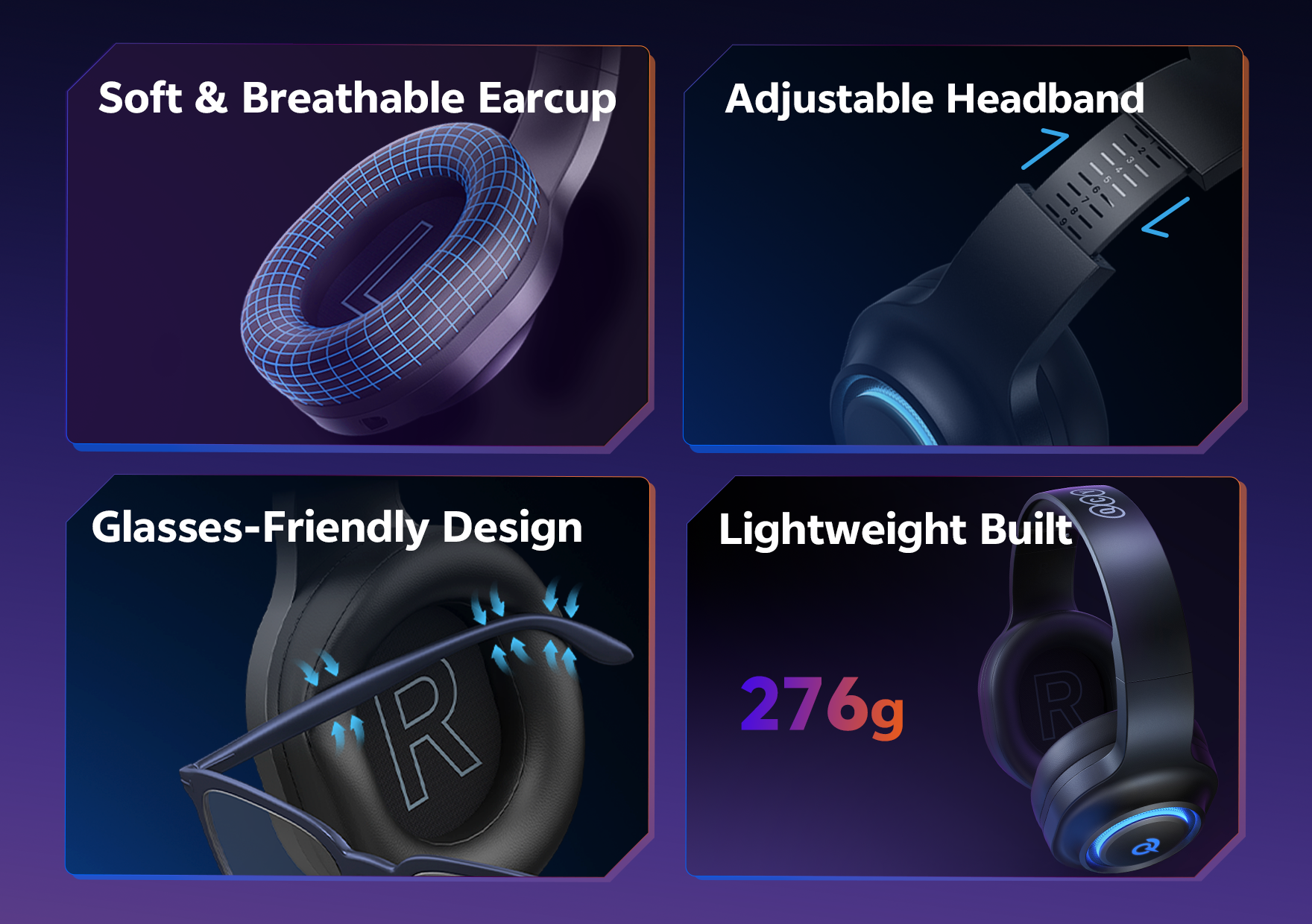 Casque audio noir circum-auriculaire avec coussinets d'oreille doux, arceau réglable et design léger (276 g).