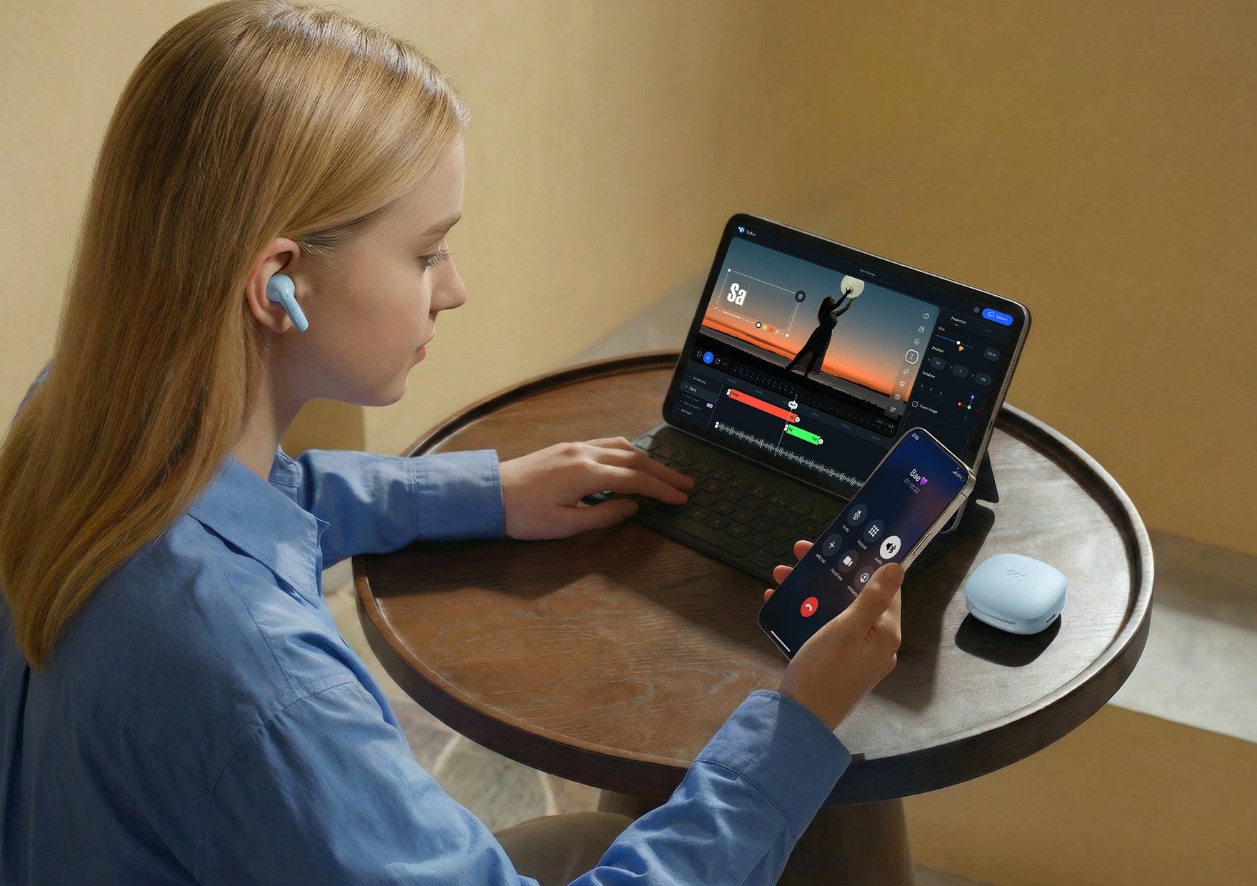 Femme avec des écouteurs bleus travaille sur un ordinateur portable et un smartphone, à côté un étui de chargement pour écouteurs sur la table.
