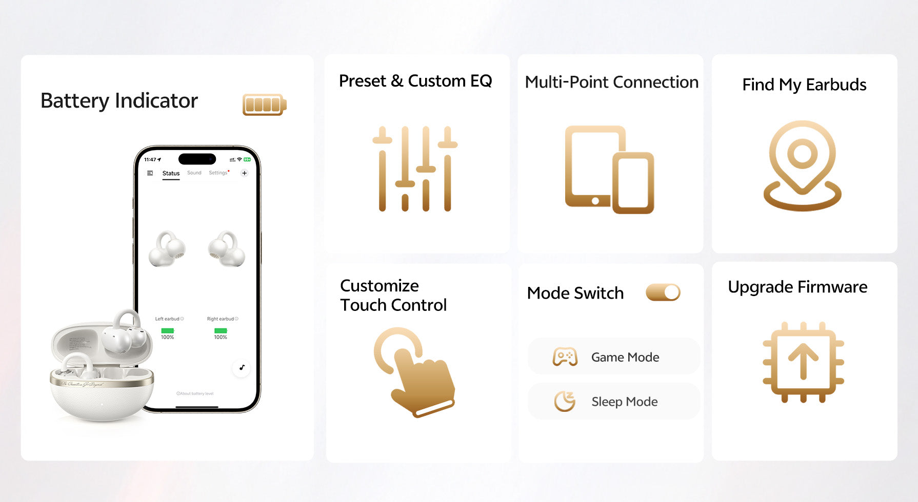 Écouteurs sans fil blancs avec application affichant la batterie, l'égaliseur, la connexion multipoint et plus encore.