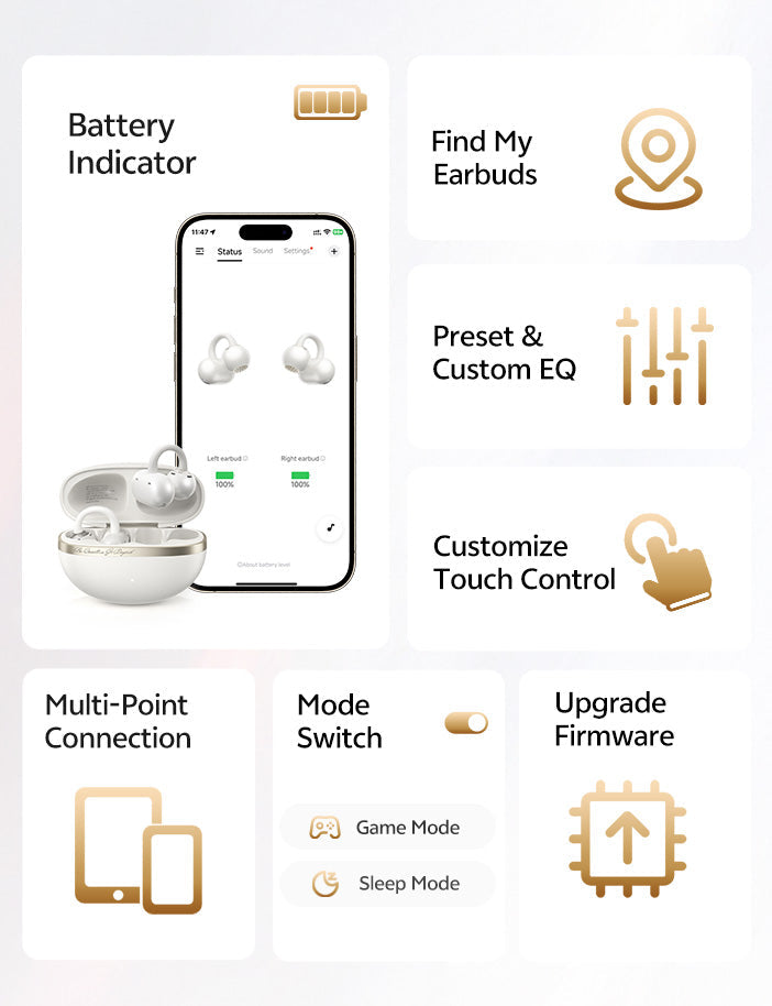 Écouteurs Bluetooth avec contrôle par application : batterie, égaliseur, commande tactile, multi-point et mise à jour du firmware.