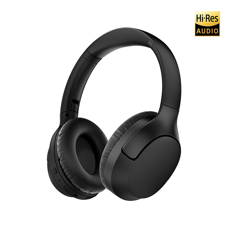 Casque sans fil QCY H2 Pro Over-Ear noir, vue de face légèrement inclinée vers la droite avec logo R sur l'oreillette droite et certification Hi-Res Audio. (