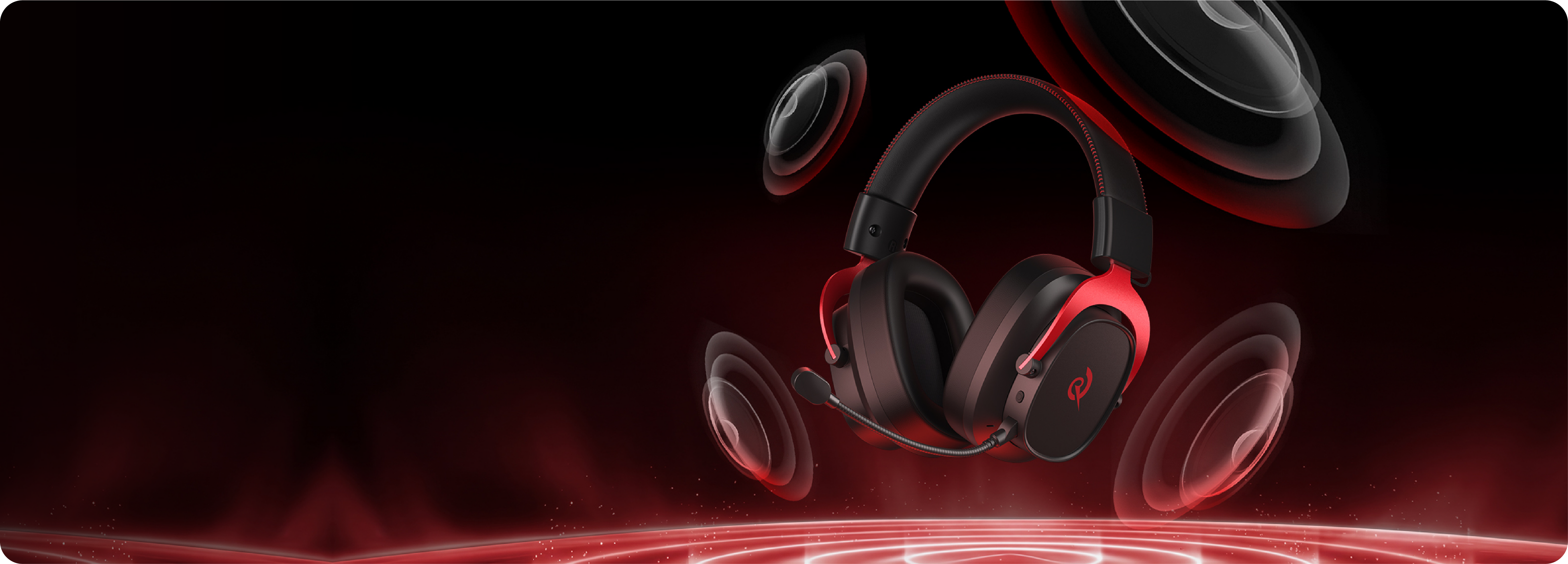 Casque de jeu Razer avec accent rouge et microphone, entouré d'ondes sonores dynamiques sur fond sombre.