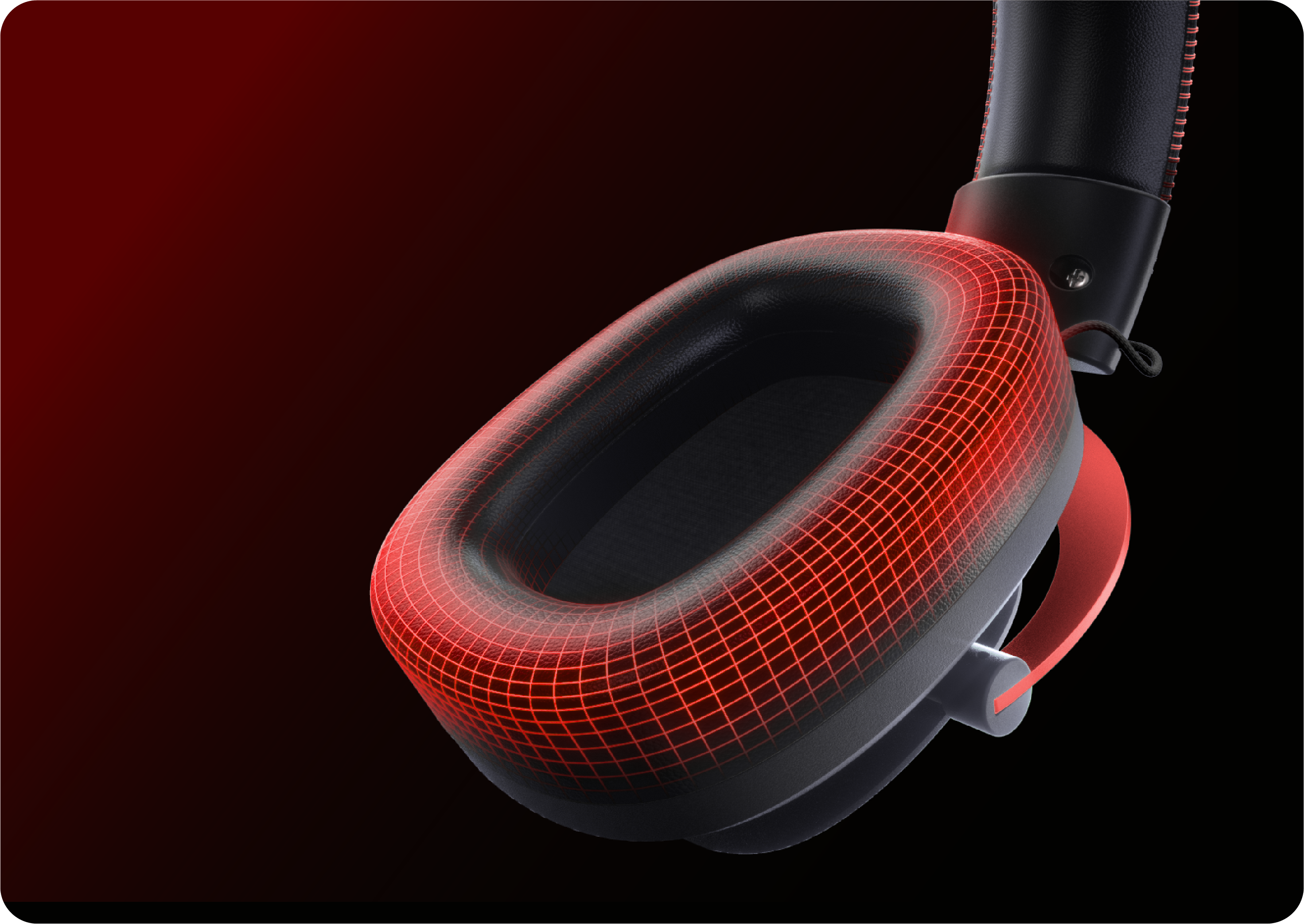 Casque rouge avec structure en maille 3D, design noir et rouge, casque moderne pour une qualité sonore optimale et un confort maximal.