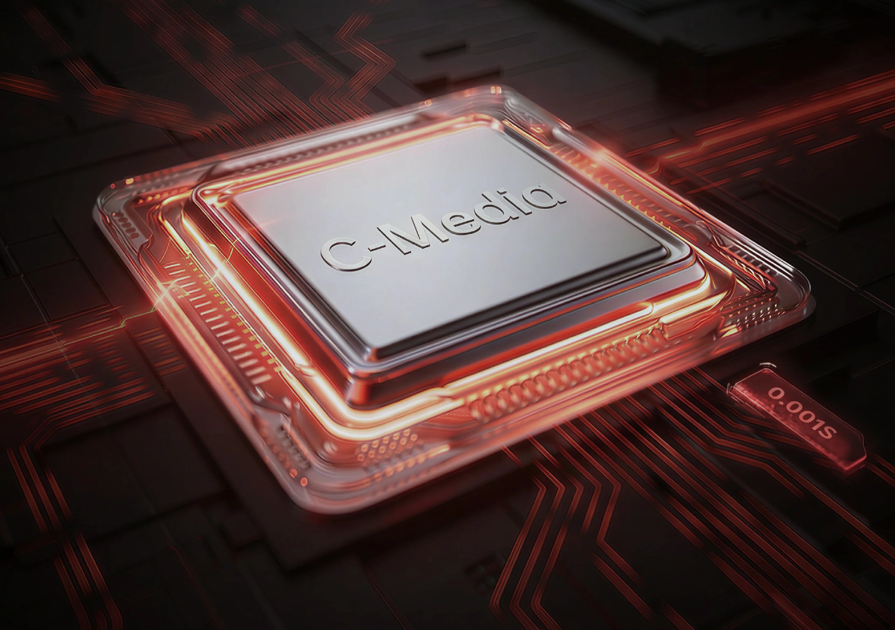 Puces C-Media avec des circuits rouges lumineux sur une carte mère futuriste.