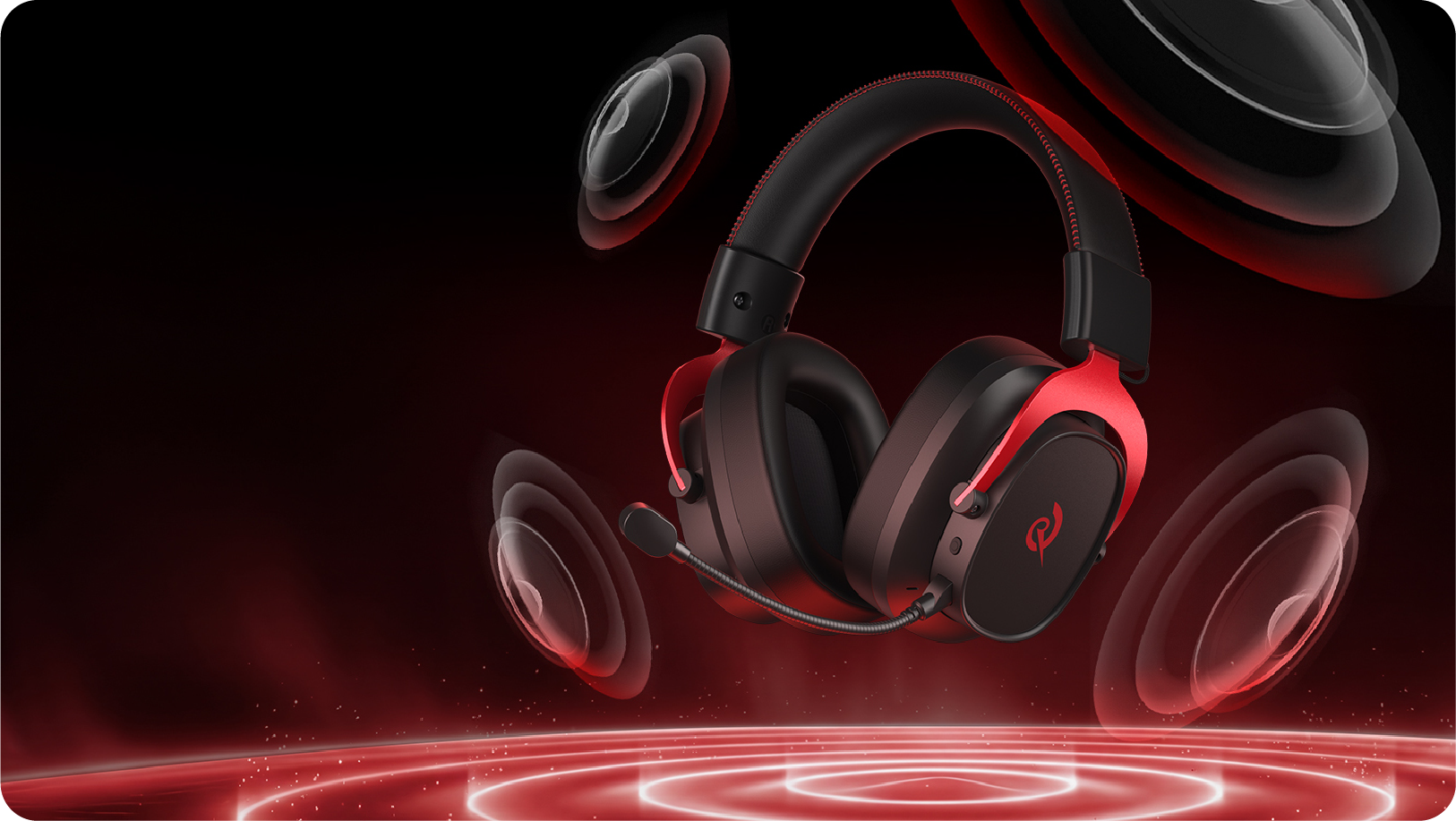 Casque de jeu Razer avec accent rouge et microphone, entouré d'ondes sonores sur fond sombre