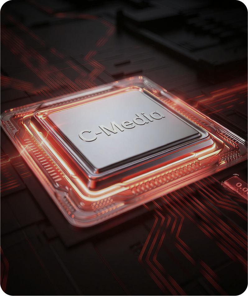 Puces C-Media sur circuit imprimé avec des lignes d'alimentation rouges lumineuses