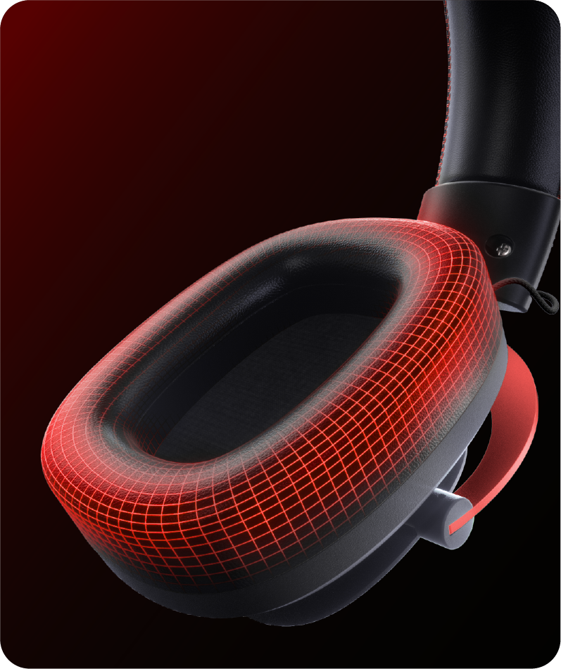 Casque rouge avec coussinets d'oreille noirs et motif en grille rouge, design moderne, technologie audio de haute qualité