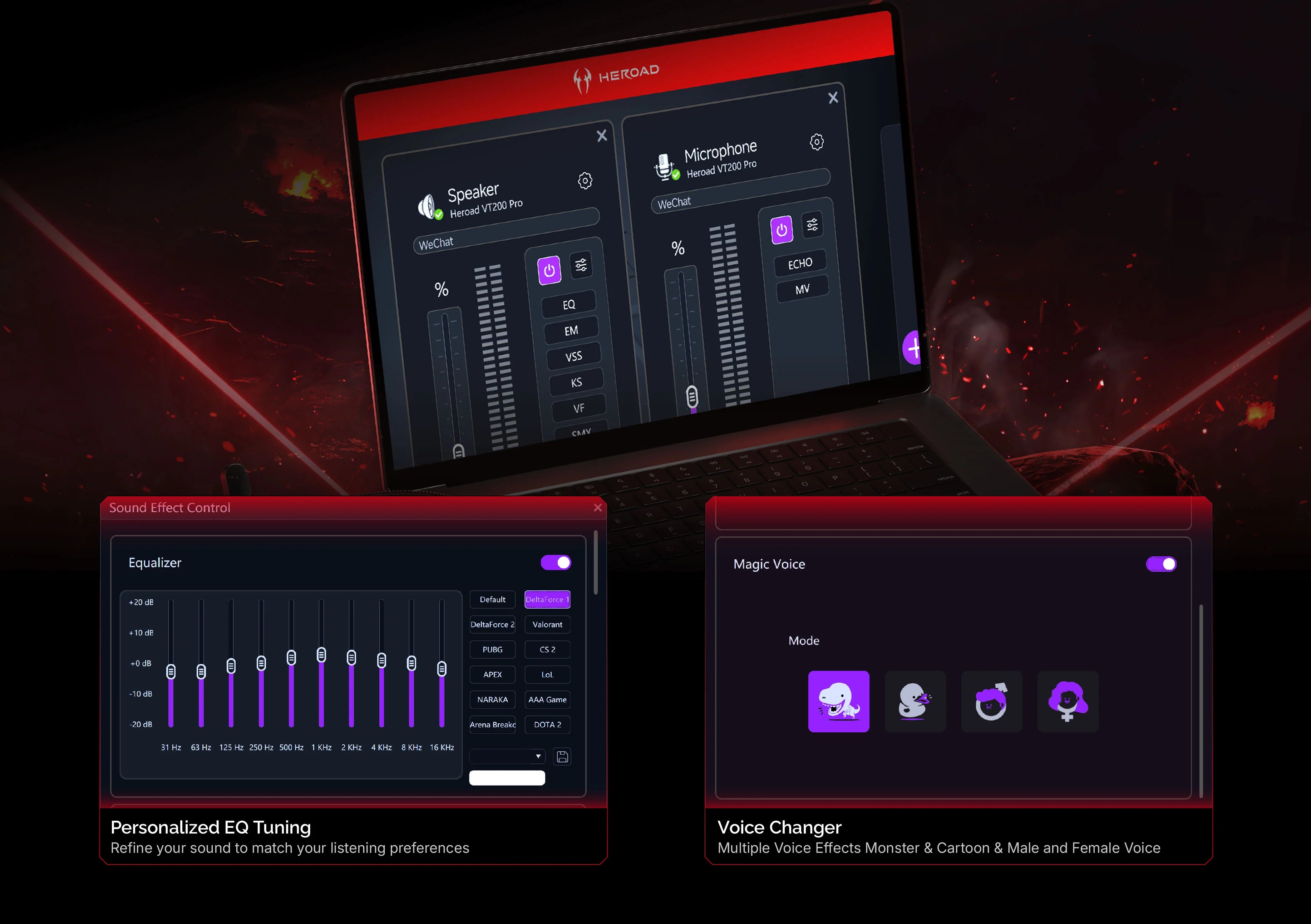 Casque de jeu Heraod VT200 Pro avec réglage EQ, modulateur de voix et effets sonores pour une expérience audio optimale.