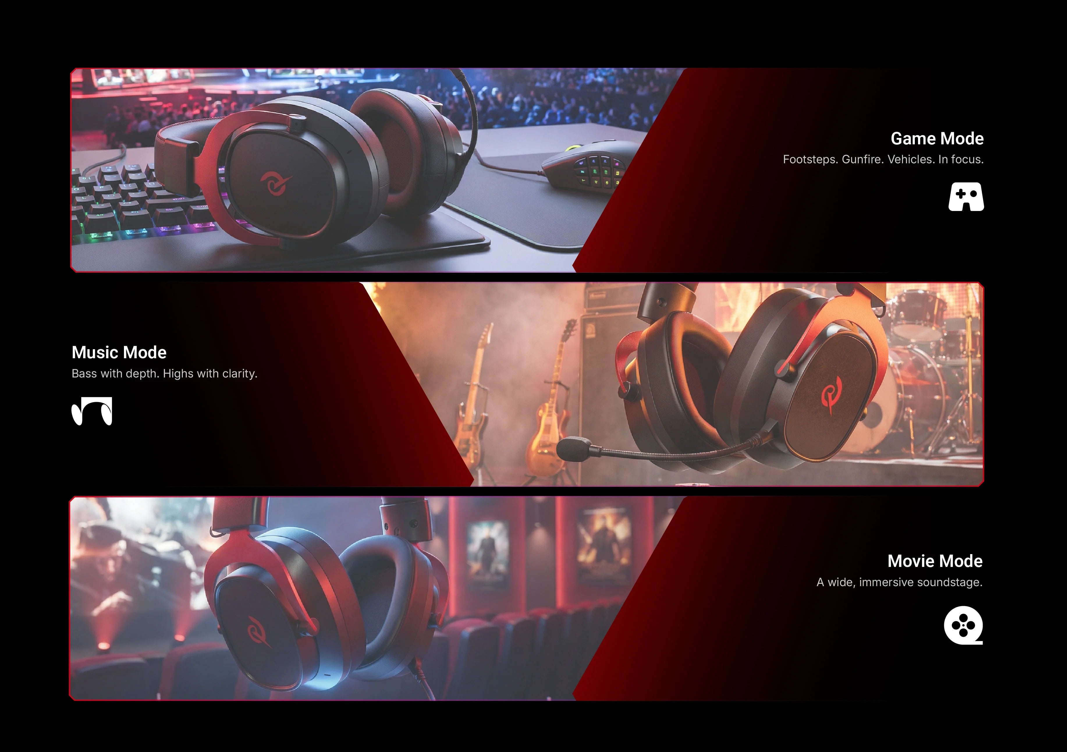 Casque de jeu avec modes Jeu, Musique et Film pour une expérience audio optimale dans différents scénarios.