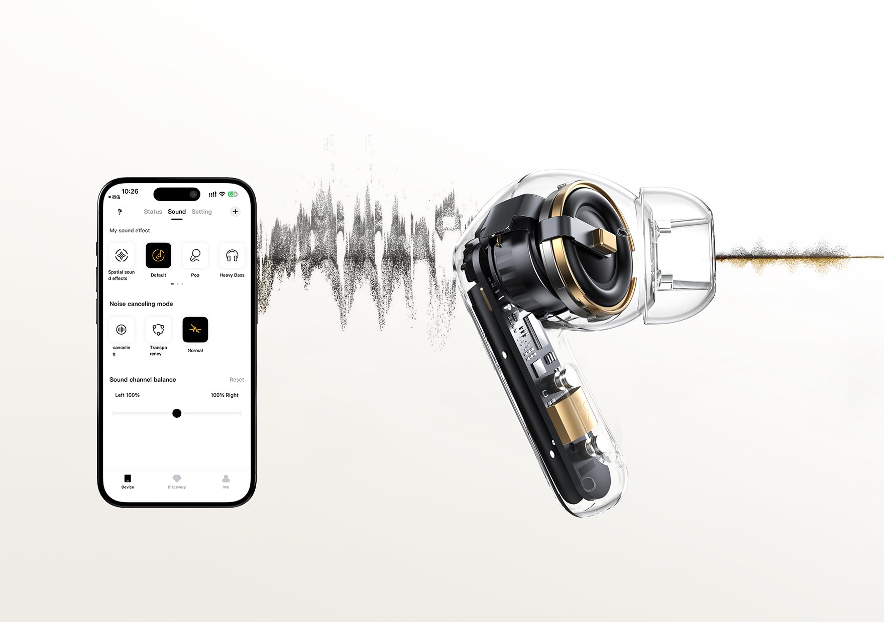 Écouteurs sans fil avec contrôle par application pour suppression du bruit et optimisation du son, design transparent avec accents dorés
