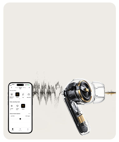 Écouteurs Bluetooth avec contrôle par application et visualisation des ondes sonores, design moderne avec boîtier transparent