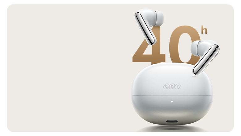 Écouteurs Bluetooth OCY blancs avec 40 heures d'autonomie dans l'étui de chargement.