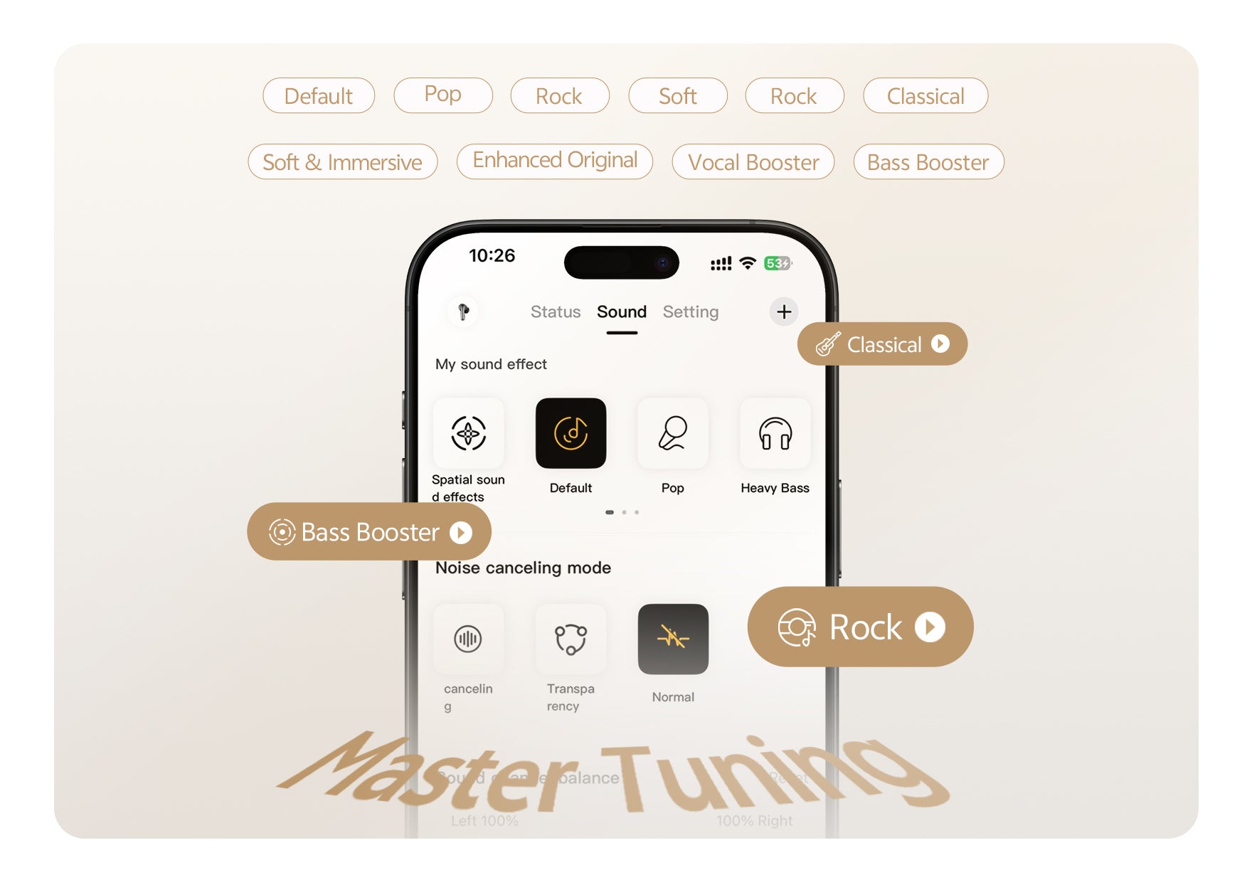 Smartphone avec réglages sonores : Par défaut, Pop, Rock, Classique, Amplificateur de basses. Application Master Tuning.