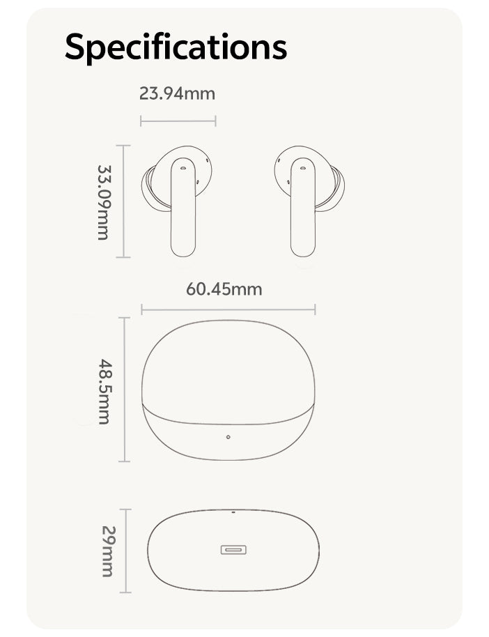 Spécifications des écouteurs sans fil avec dimensions et boîtier de chargement.