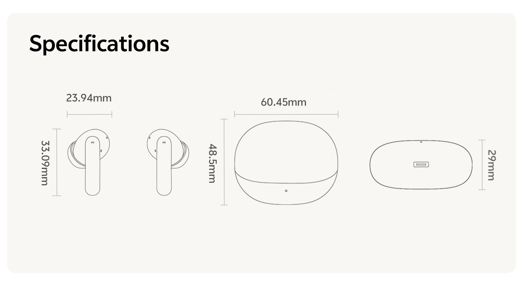 Spécifications techniques des écouteurs sans fil et du boîtier de chargement avec dimensions.