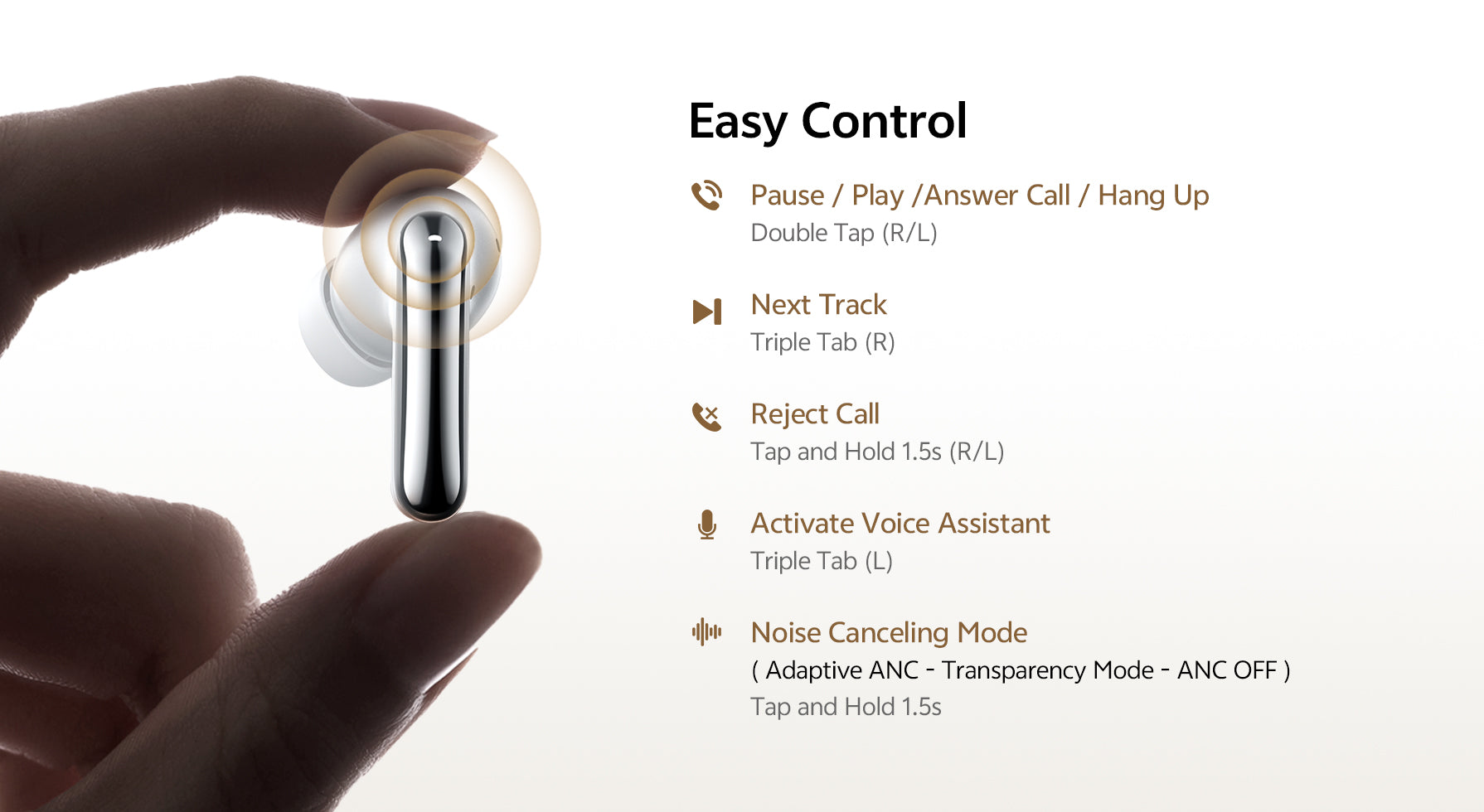 Doigt tenant des écouteurs intra-auriculaires blancs avec commande tactile pour la musique et les appels.