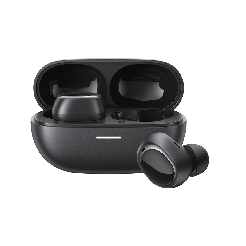 Écouteurs True Wireless QCY MeloBuds A30 en noir, étui de chargement ouvert avec un écouteur à côté