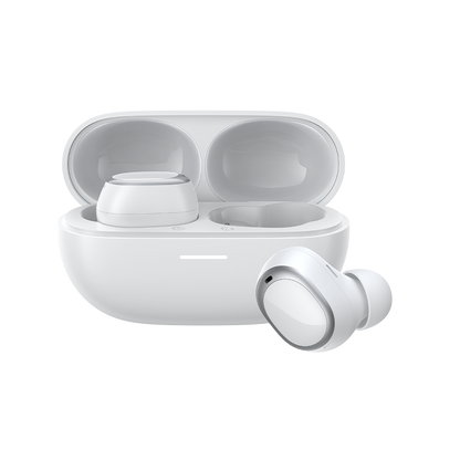 Écouteurs True Wireless QCY MeloBuds A30 en blanc, avec étui de chargement et un écouteur sorti