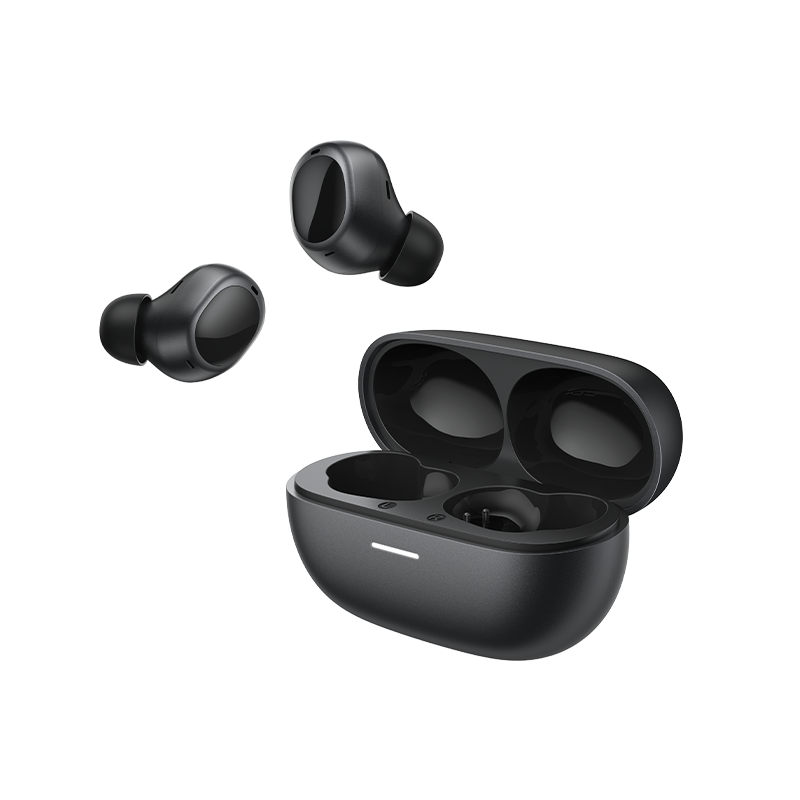 QCY MeloBuds A30 : écouteurs True Wireless noirs brillants avec étui de chargement ouvert sur fond blanc