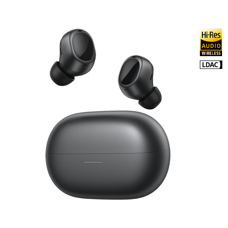 QCY MeloBuds A30 True Wireless Kopfhörer mit Hi-Res Audio, LDAC und schwarzem Ladekasten.