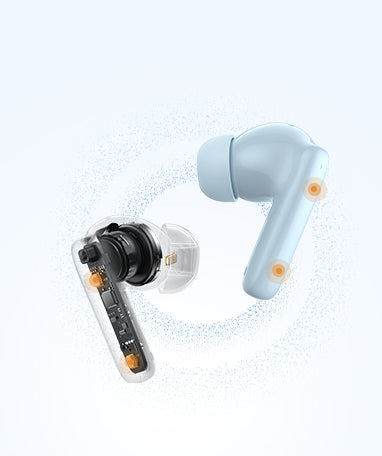 Écouteurs Bluetooth avec boîtier transparent et oreillette bleue, détails de design modernes et accents orange.