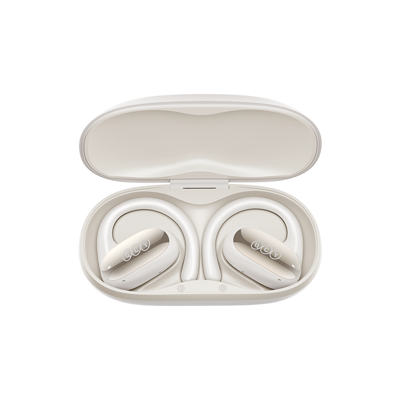 Écouteurs QCY Crossky GTR2 dans un étui de chargement blanc, design moderne avec commandes intégrées.