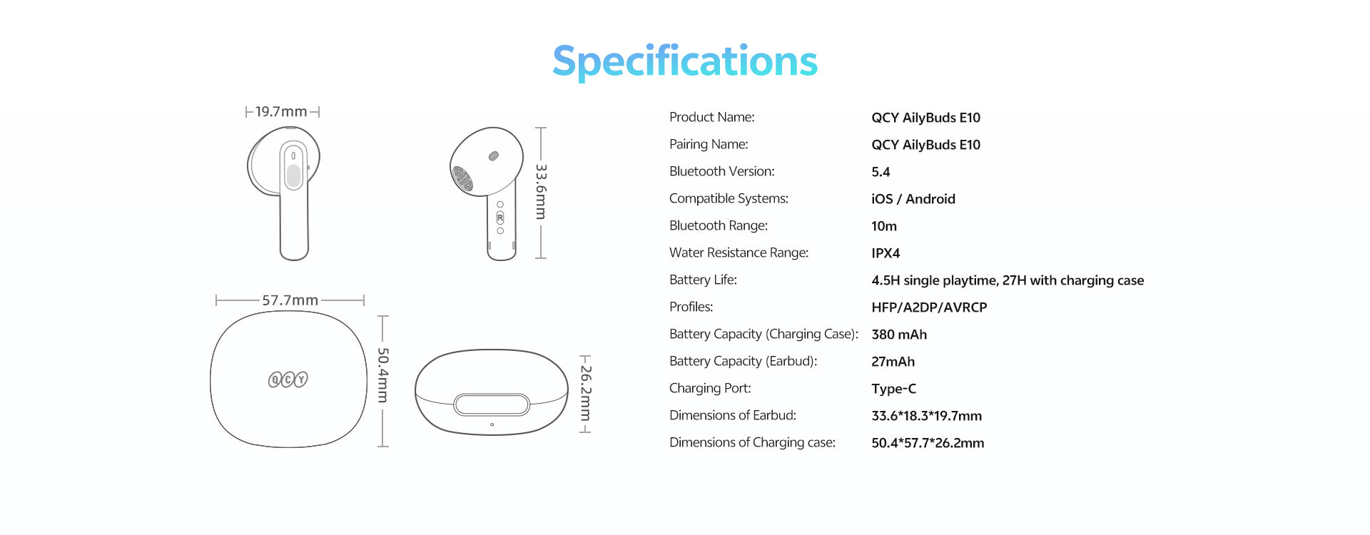 Écouteurs Bluetooth QCY AilyBuds E10 avec boîtier de charge, étanches IPX4, Bluetooth 5.4, batterie 4,5h, compatibles iOS et Android