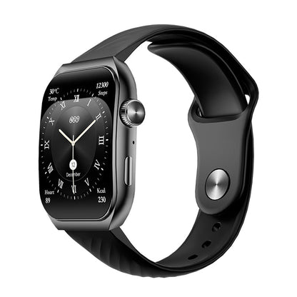 Black QCY Watch GS2 displaying time, date, and health metrics on a sleek screen with a modern design