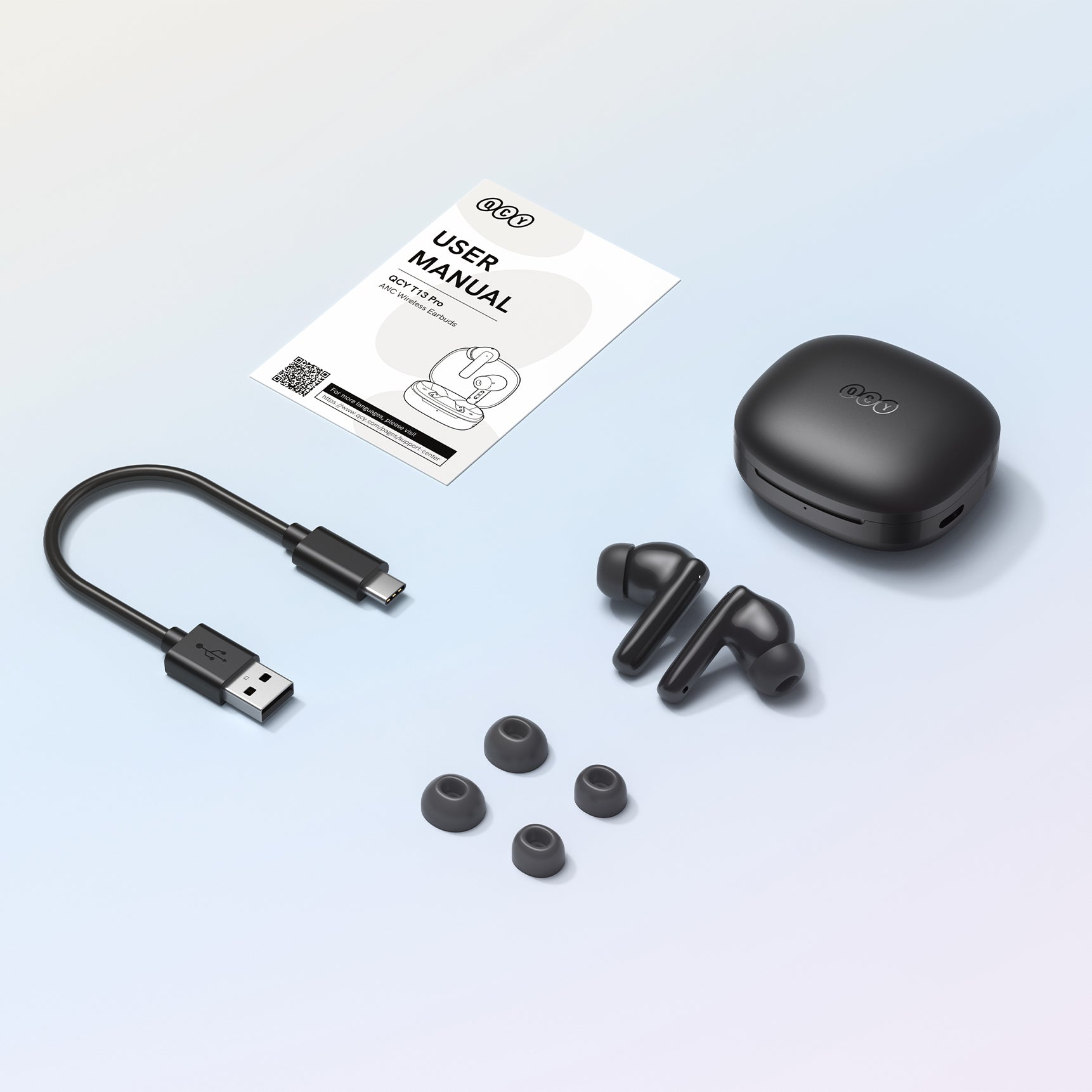 Écouteurs Bluetooth QCY T13 Pro avec boîtier de chargement, câble USB-C et embouts en silicone de rechange – ensemble complet pour une expérience d'écoute optimale