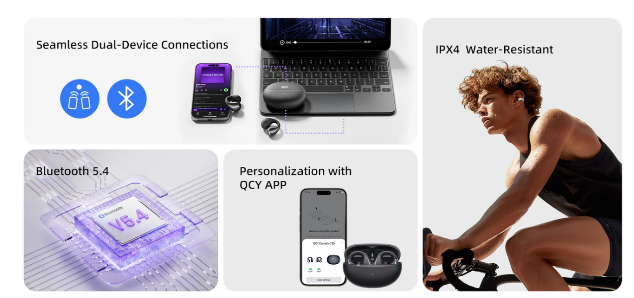 Écouteurs Bluetooth QCY : double connexion, étanchéité IPX4, Bluetooth 5.4 et contrôle via application pour le sport et le quotidien.