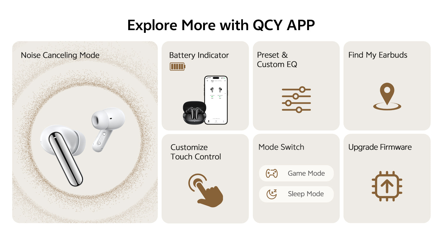 Écouteurs QCY avec réduction de bruit, réglage EQ et contrôle via application.