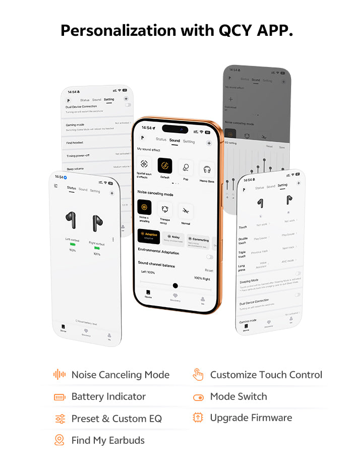 Application QCQ pour réglages personnalisés : suppression du bruit, contrôle tactile, affichage de la batterie et optimisation de l'égaliseur pour casque