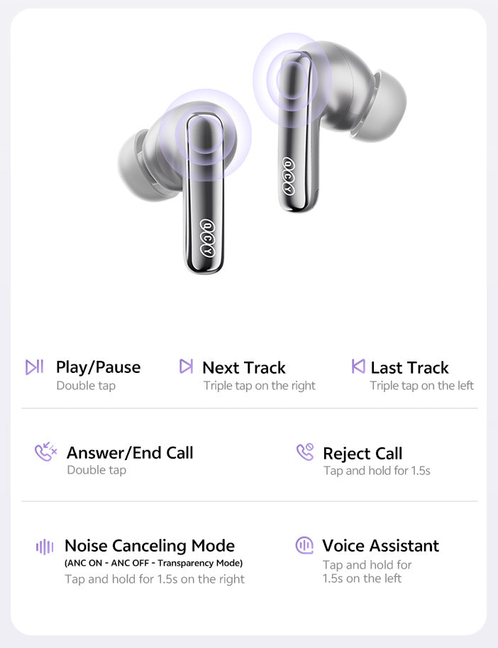 Écouteurs intra-auriculaires sans fil argentés avec commande tactile : double tapotement pour lecture/pause, triple tapotement pour changer de piste, maintien appuyé