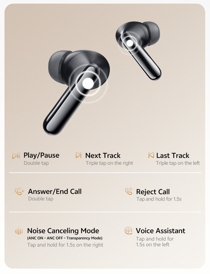 Écouteurs True Wireless noirs avec ANC, commande tactile et assistant vocal.
