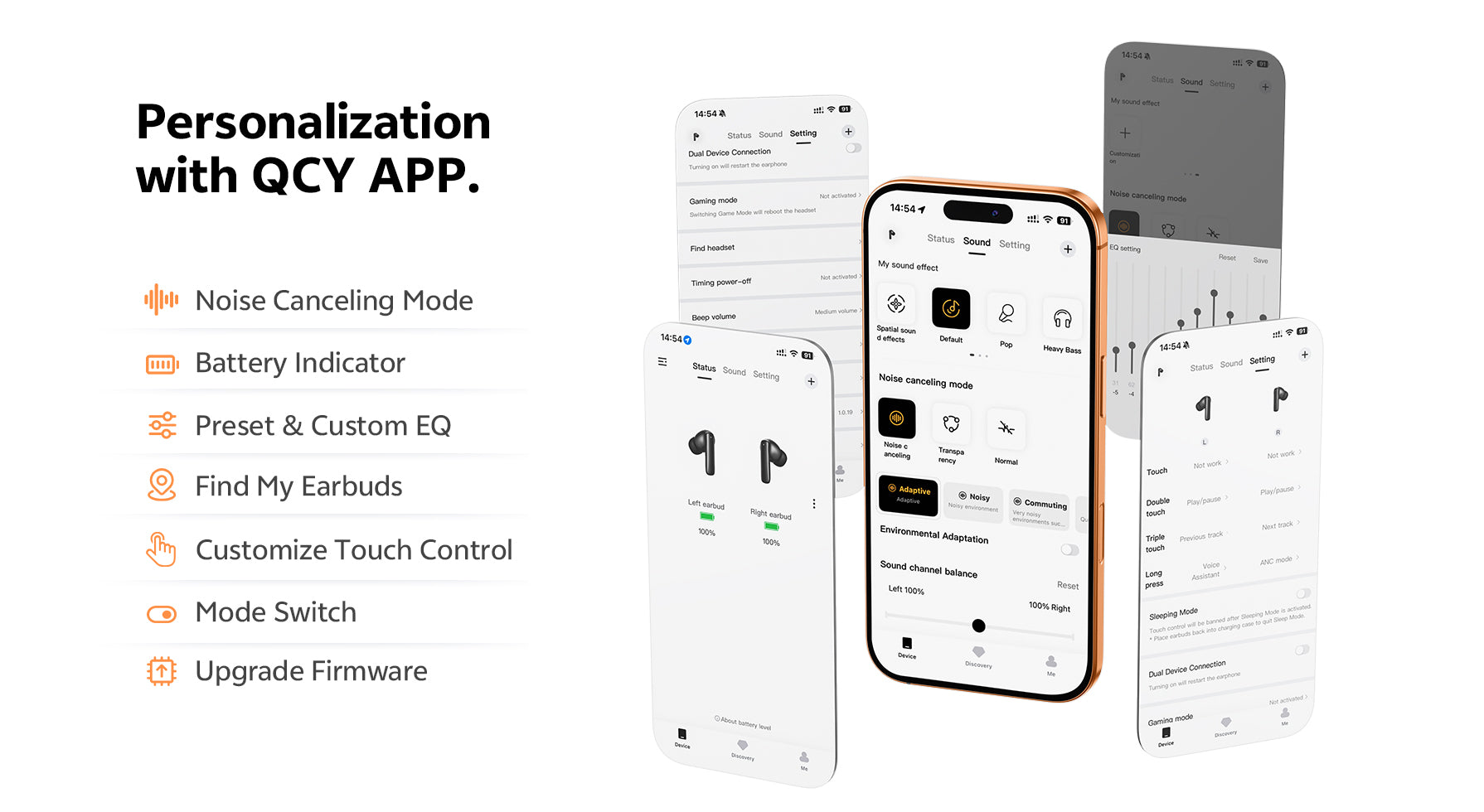 QC Y-App : personnalisation avec suppression du bruit, réglage de l'égaliseur et contrôle tactile pour écouteurs sans fil.