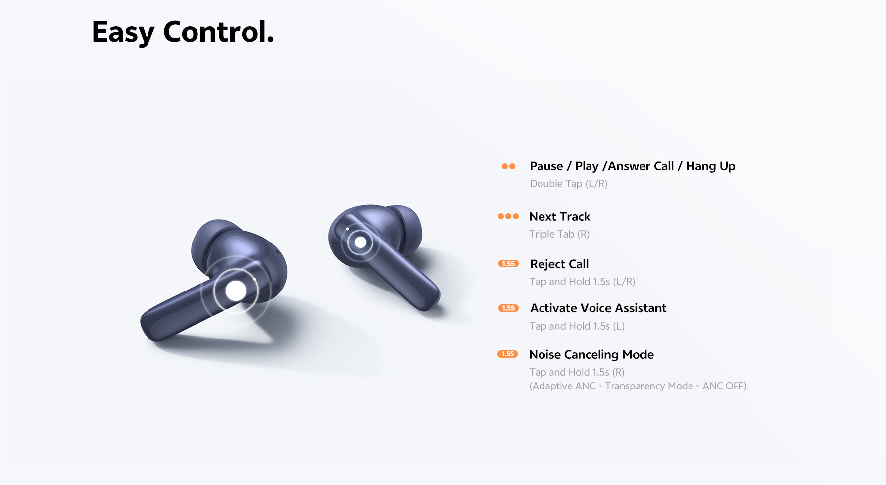 Écouteurs Bluetooth avec contrôle tactile : pause, piste suivante, prise d'appel et réduction de bruit contrôlables par simple tapotement.