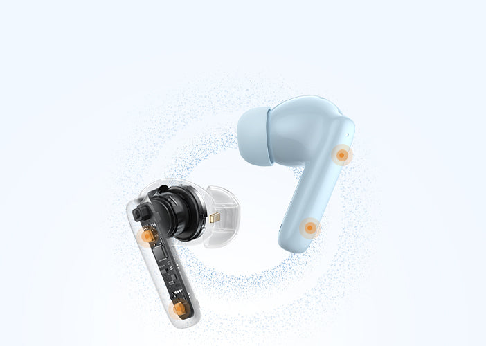 Écouteurs Bluetooth avec intérieur transparent et surface bleue, détails de design modernes et composants techniques visibles